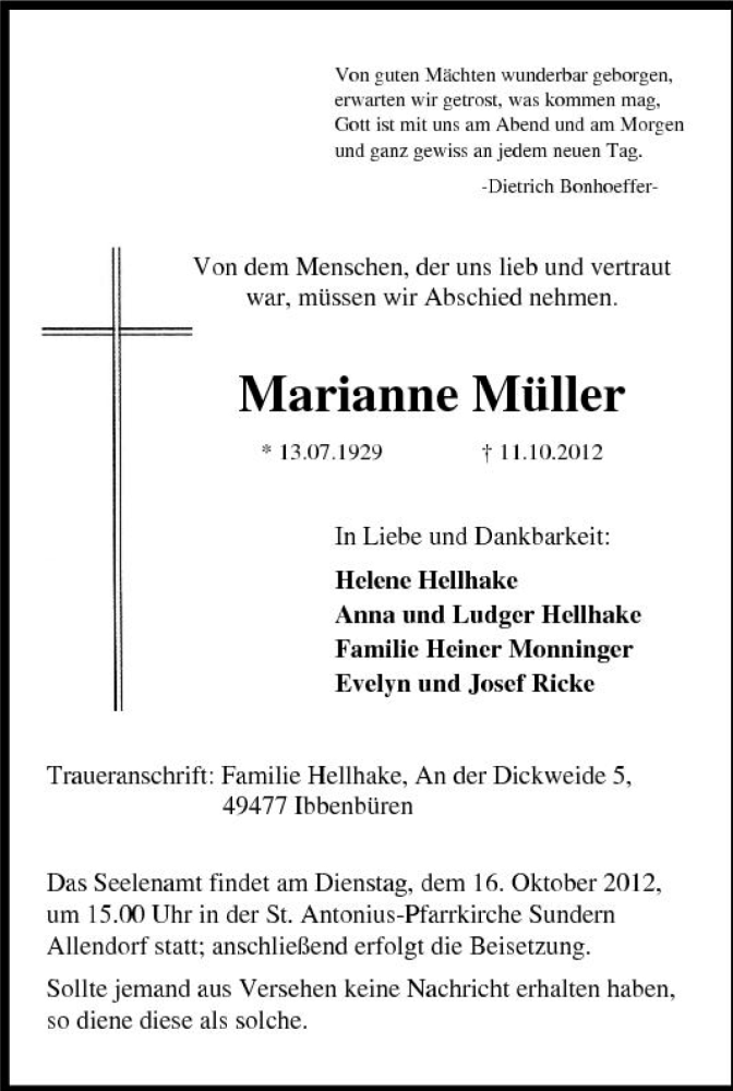 Traueranzeige für Marianne Müller vom 13.10.2012 aus Tageszeitung